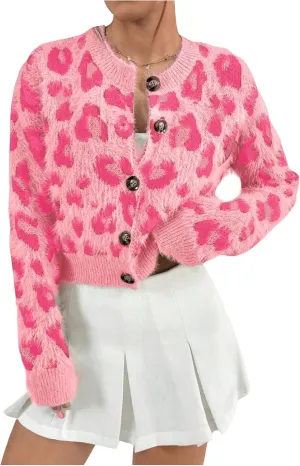 Milumia Women's Fuzzy Leopard Print Sweater Long Sleeve Button Up Knit Cardigans