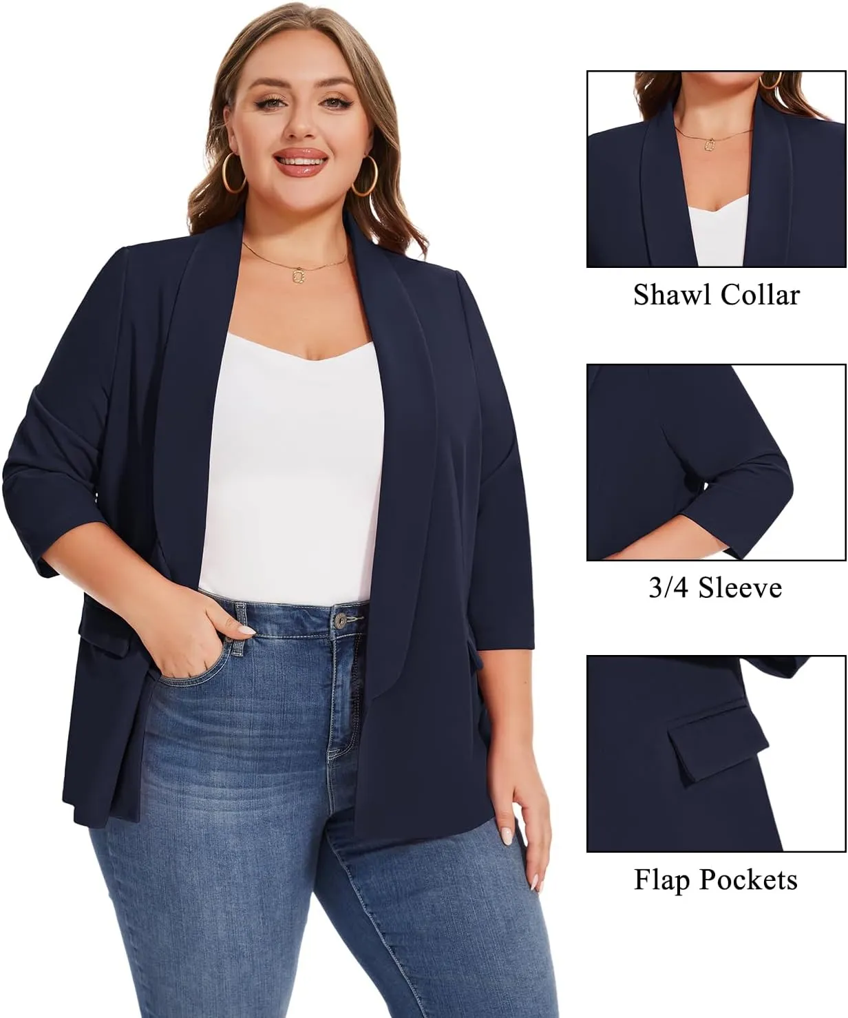 MINTLIMIT Plus Size Blazers for Women Casual Work Office 3/4 Sleeve Open Front Cardigan Suit Jacket Blazer with Pockets