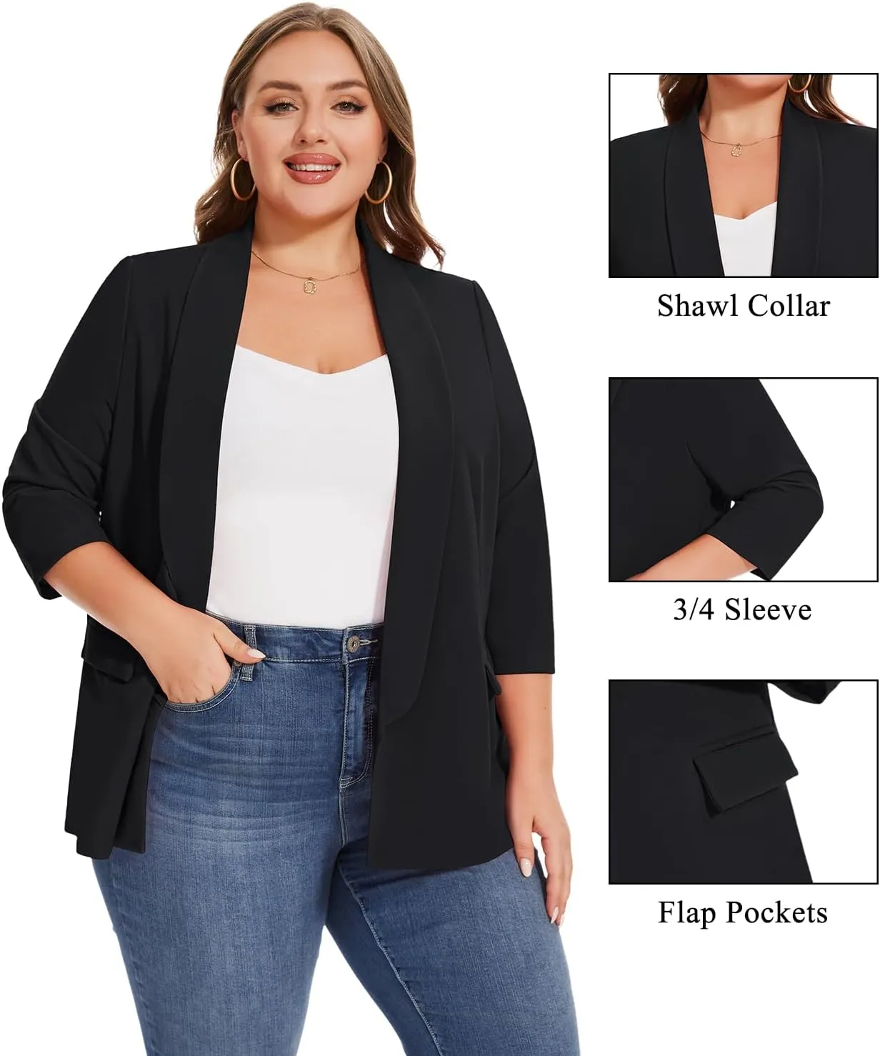 MINTLIMIT Plus Size Blazers for Women Casual Work Office 3/4 Sleeve Open Front Cardigan Suit Jacket Blazer with Pockets