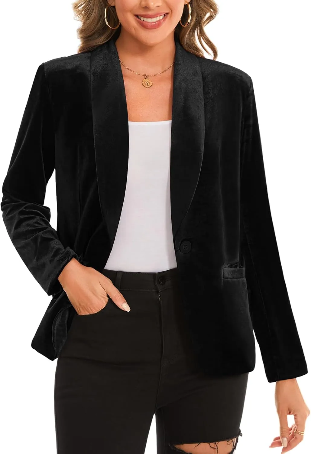 MINTLIMIT Women Velvet Blazer Jacket Button Open Front Slim Fit Work Office Fall Blazers Outerwear with Pockets (Black, Size L)