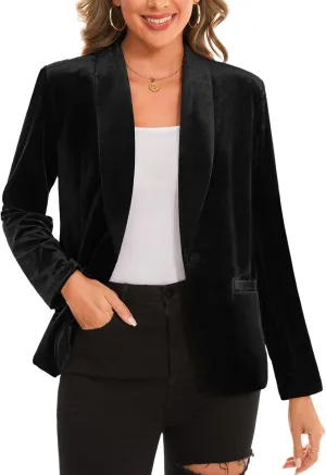 MINTLIMIT Women Velvet Blazer Jacket Button Open Front Slim Fit Work Office Fall Blazers Outerwear with Pockets (Black, Size L)