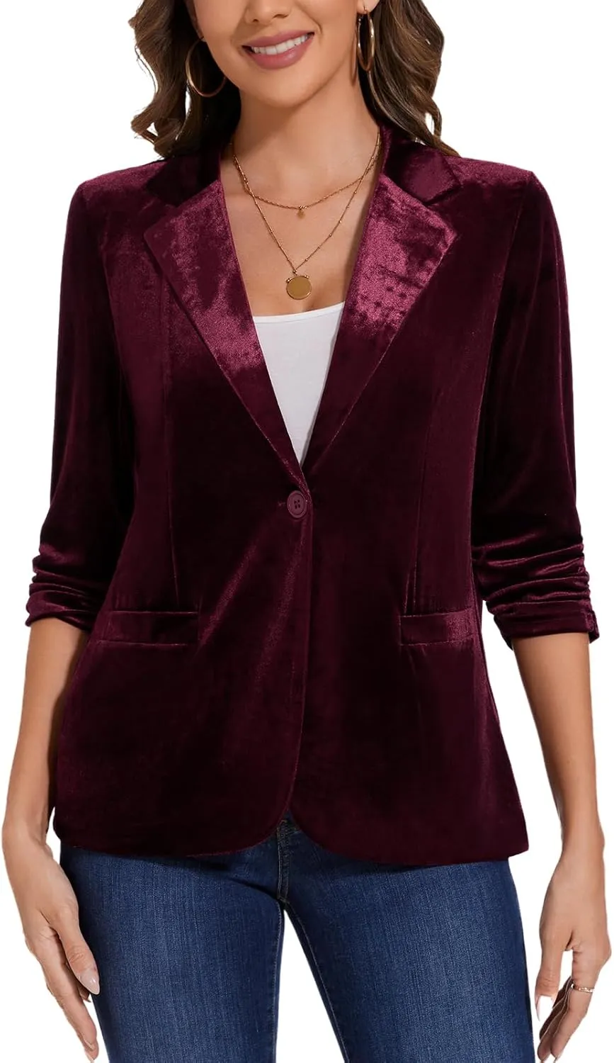 MINTLIMIT Women's Velvet Blazer Ruched 3/4 Sleeve Jacket Notch Lapel Button Open Front Casual Blazers with Pockets