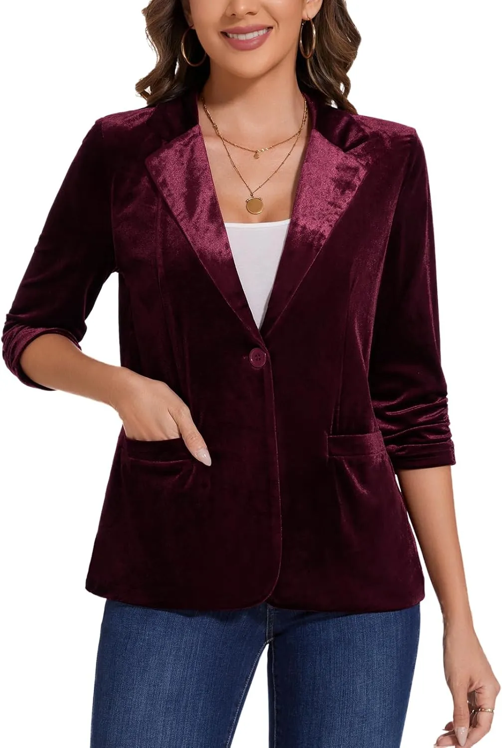 MINTLIMIT Women's Velvet Blazer Ruched 3/4 Sleeve Jacket Notch Lapel Button Open Front Casual Blazers with Pockets