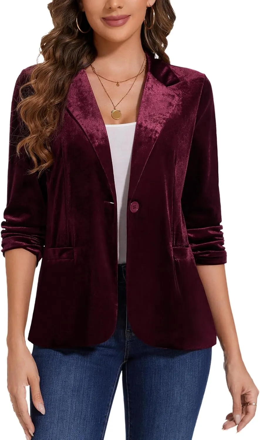 MINTLIMIT Women's Velvet Blazer Ruched 3/4 Sleeve Jacket Notch Lapel Button Open Front Casual Blazers with Pockets