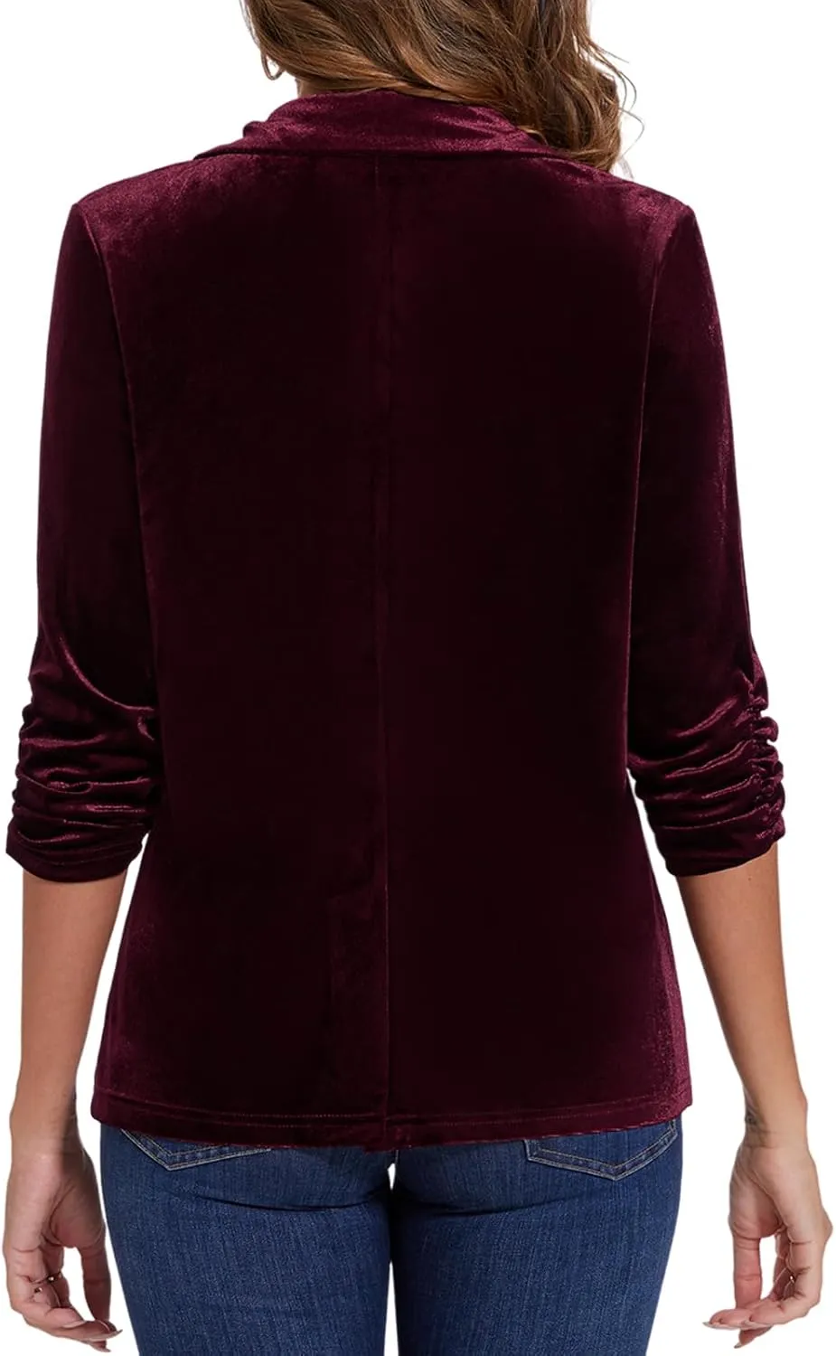 MINTLIMIT Women's Velvet Blazer Ruched 3/4 Sleeve Jacket Notch Lapel Button Open Front Casual Blazers with Pockets