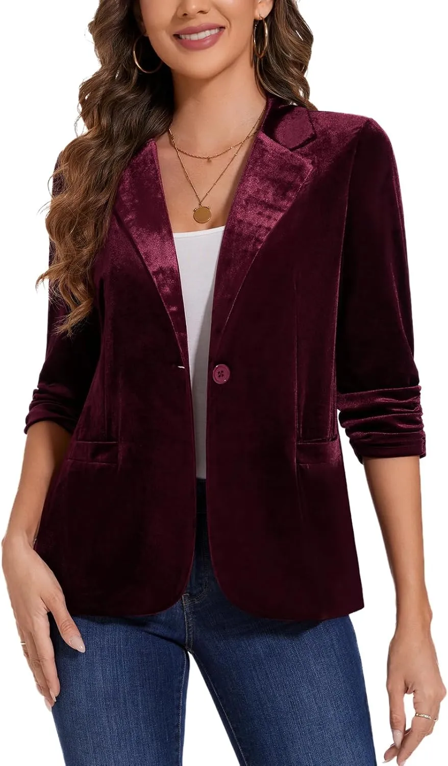 MINTLIMIT Women's Velvet Blazer Ruched 3/4 Sleeve Jacket Notch Lapel Button Open Front Casual Blazers with Pockets
