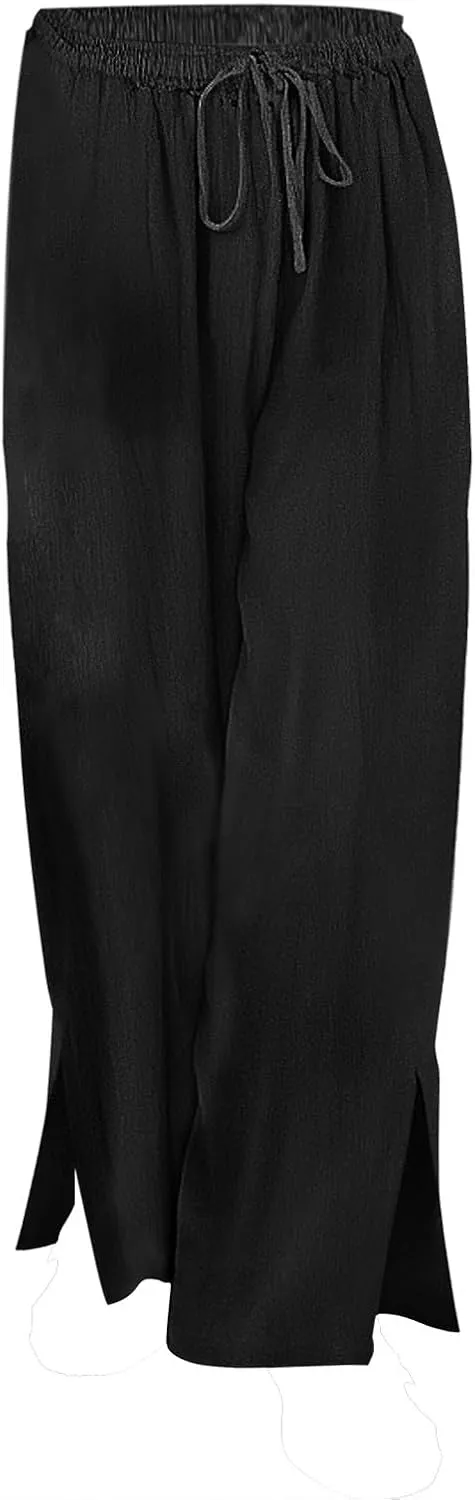 Miyaomn Linen Palazzo Pants for Women High Waisted Wide Leg Summer Lounge Pants with Pockets Side Slit Casual Beach Trousers