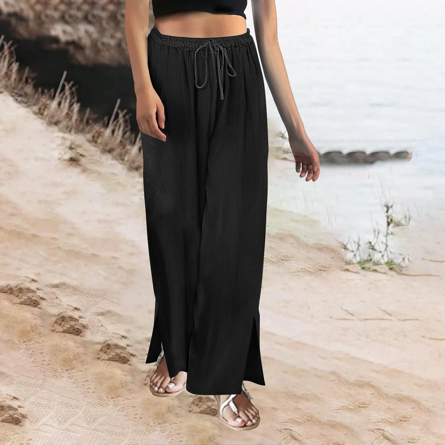 Miyaomn Linen Palazzo Pants for Women High Waisted Wide Leg Summer Lounge Pants with Pockets Side Slit Casual Beach Trousers