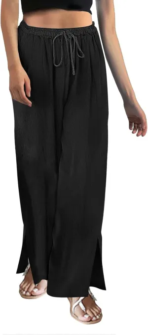 Miyaomn Linen Palazzo Pants for Women High Waisted Wide Leg Summer Lounge Pants with Pockets Side Slit Casual Beach Trousers