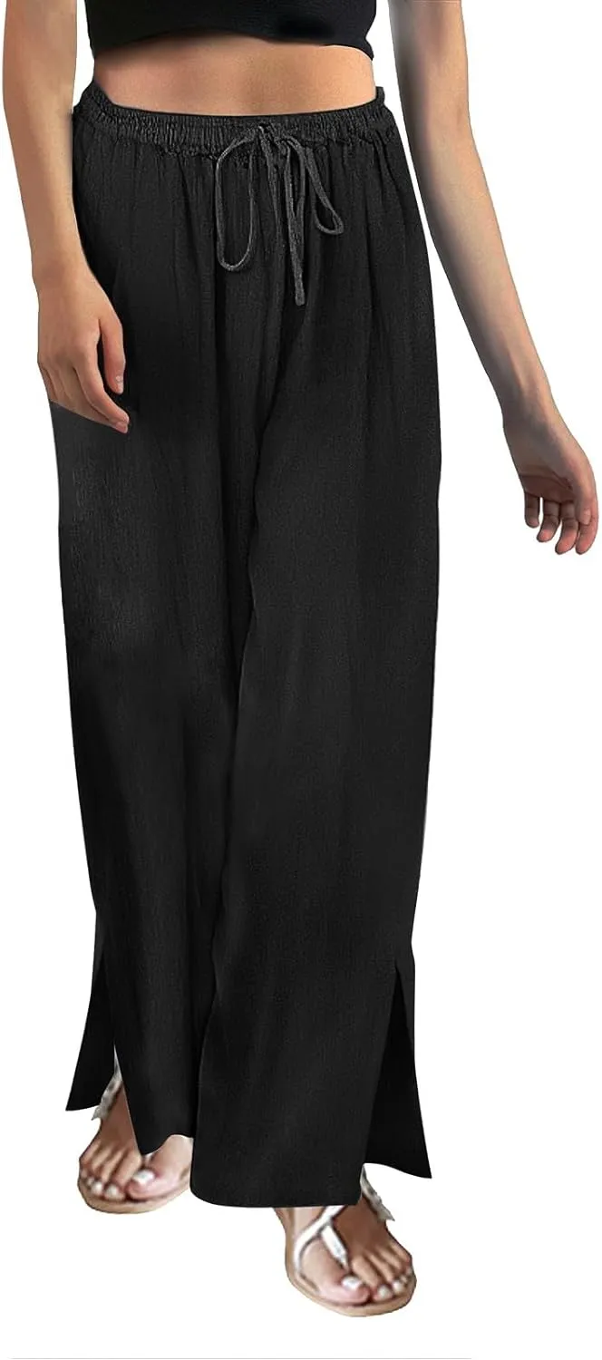 Miyaomn Linen Palazzo Pants for Women High Waisted Wide Leg Summer Lounge Pants with Pockets Side Slit Casual Beach Trousers