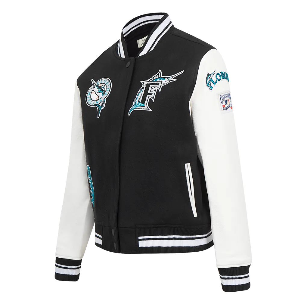 MLB FLORIDA MARLINS RETRO CLASSIC WOMEN'S RIB WOOL VARSITY JACKET (BLACK/WHITE)