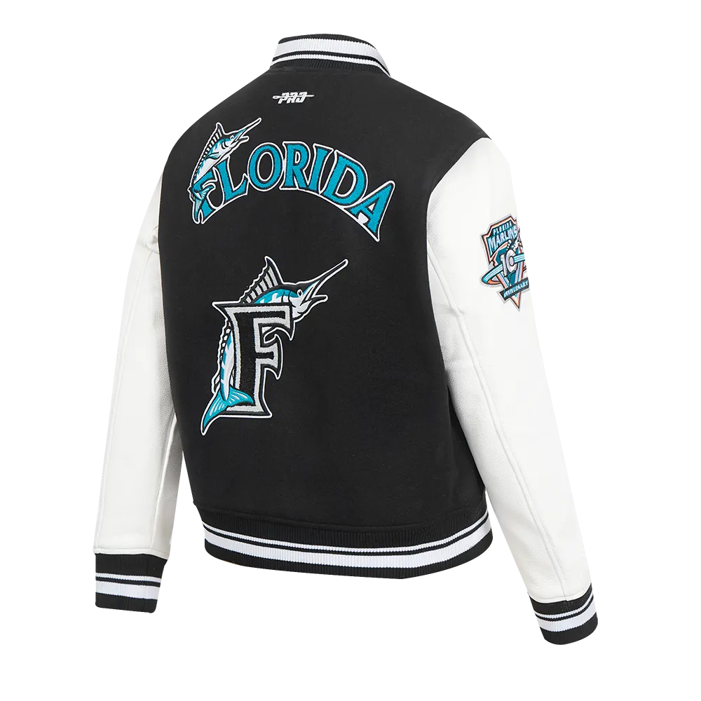 MLB FLORIDA MARLINS RETRO CLASSIC WOMEN'S RIB WOOL VARSITY JACKET (BLACK/WHITE)