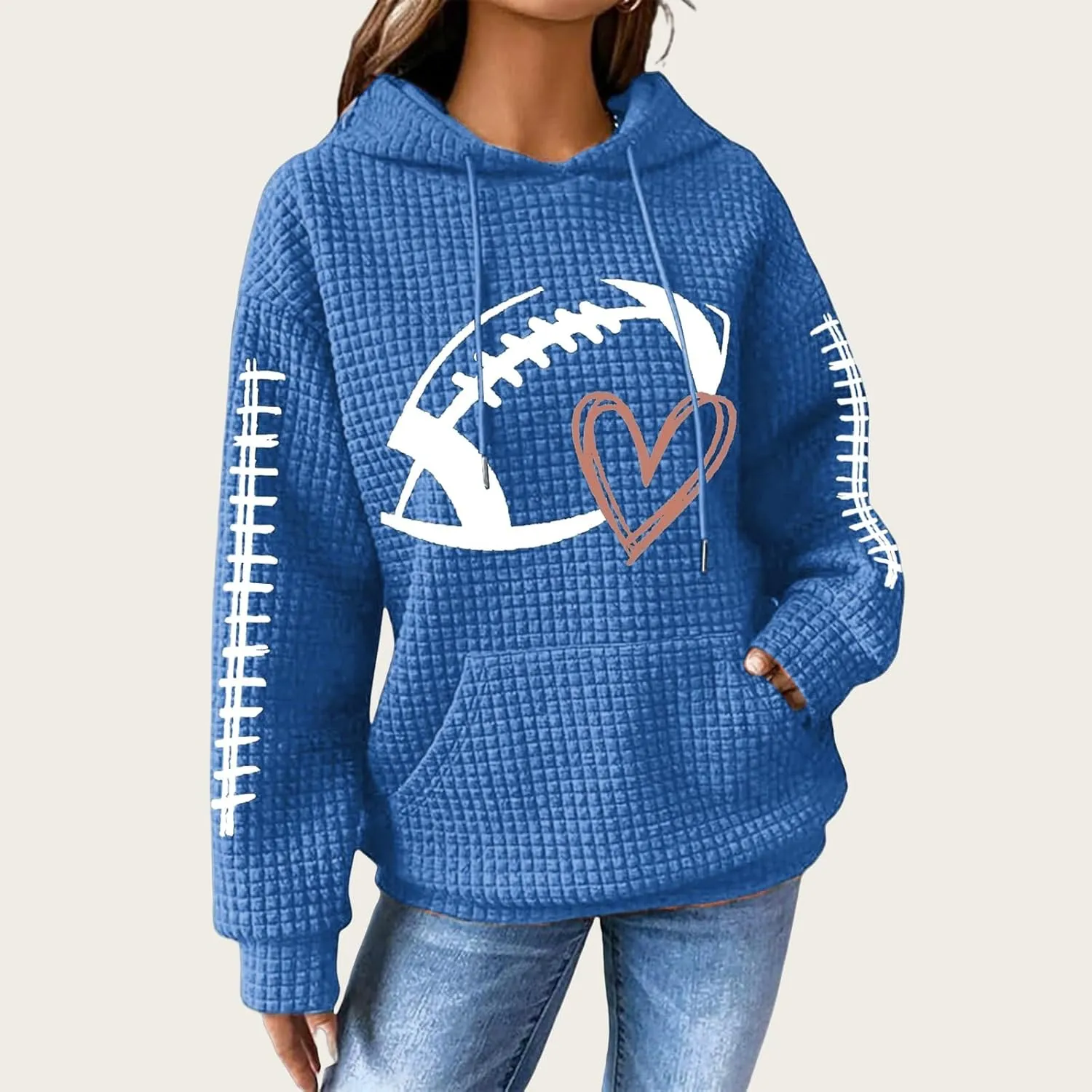 Mmoneyake Game Day Hooded Sweatshirt Women Funny Football Graphic Shirt Waffle Knit Hoodies Long Sleeve Fall Pullover Tops