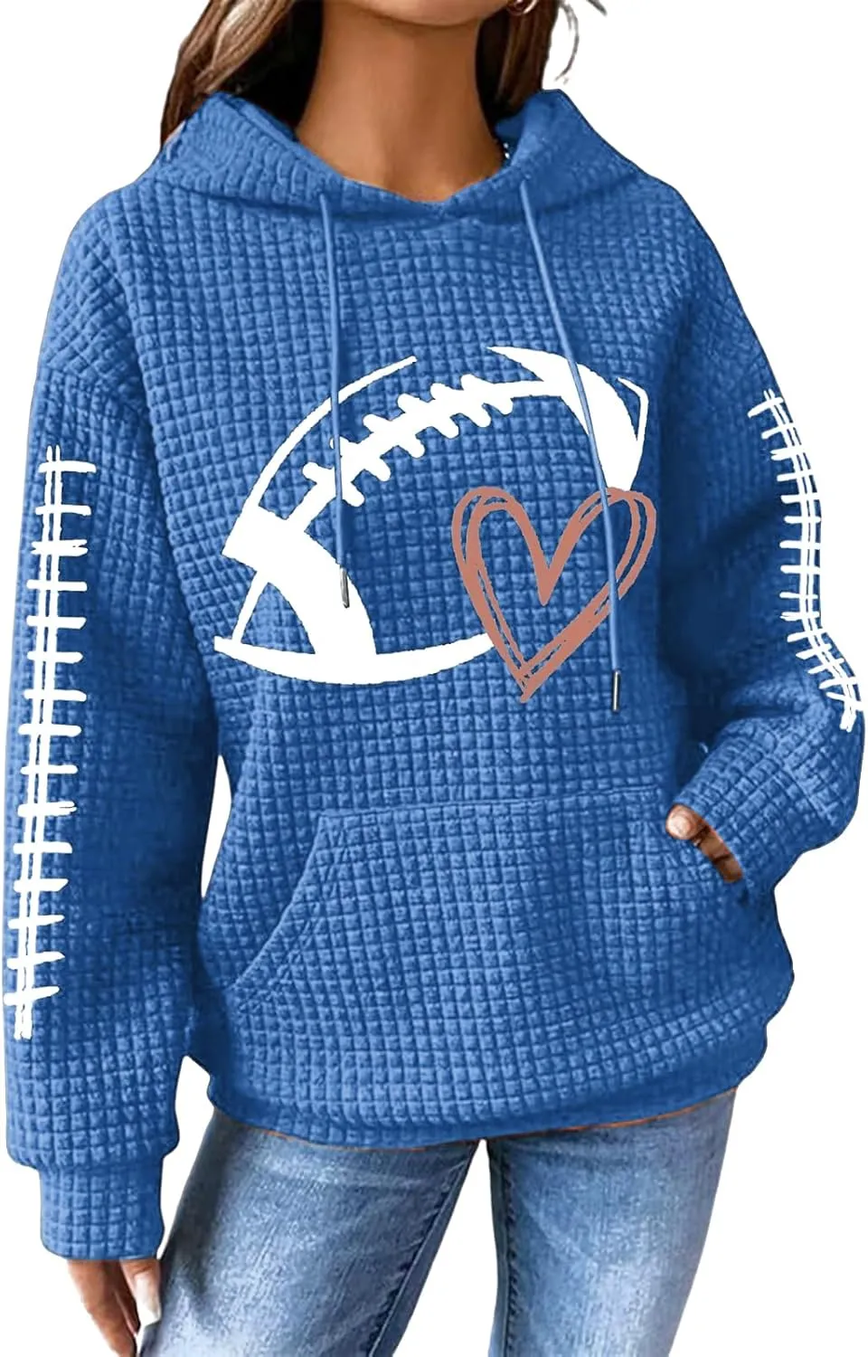 Mmoneyake Game Day Hooded Sweatshirt Women Funny Football Graphic Shirt Waffle Knit Hoodies Long Sleeve Fall Pullover Tops