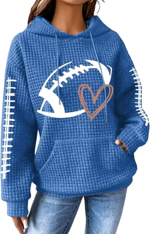 Mmoneyake Game Day Hooded Sweatshirt Women Funny Football Graphic Shirt Waffle Knit Hoodies Long Sleeve Fall Pullover Tops