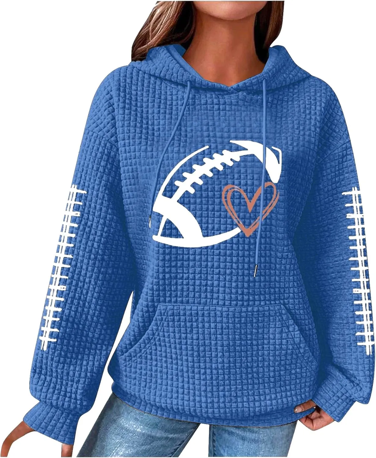 Mmoneyake Game Day Hooded Sweatshirt Women Funny Football Graphic Shirt Waffle Knit Hoodies Long Sleeve Fall Pullover Tops