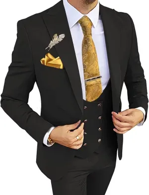 MOGU Mens Suits Gold Buttons 3 Piece Slim Fit Tuxedo Suit Set Blazer Vest Pants for Wedding Prom