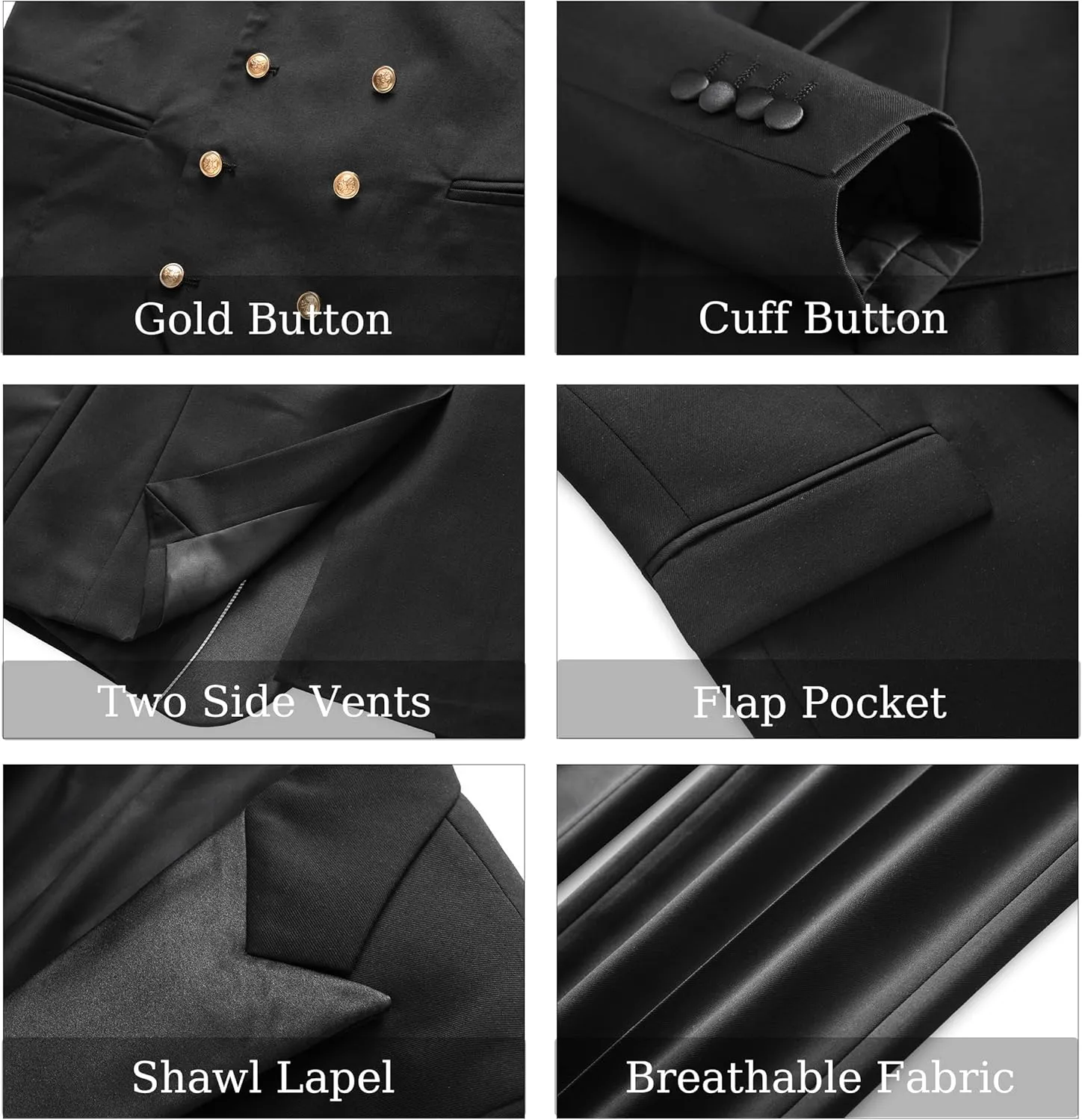 MOGU Mens Suits Gold Buttons 3 Piece Slim Fit Tuxedo Suit Set Blazer Vest Pants for Wedding Prom