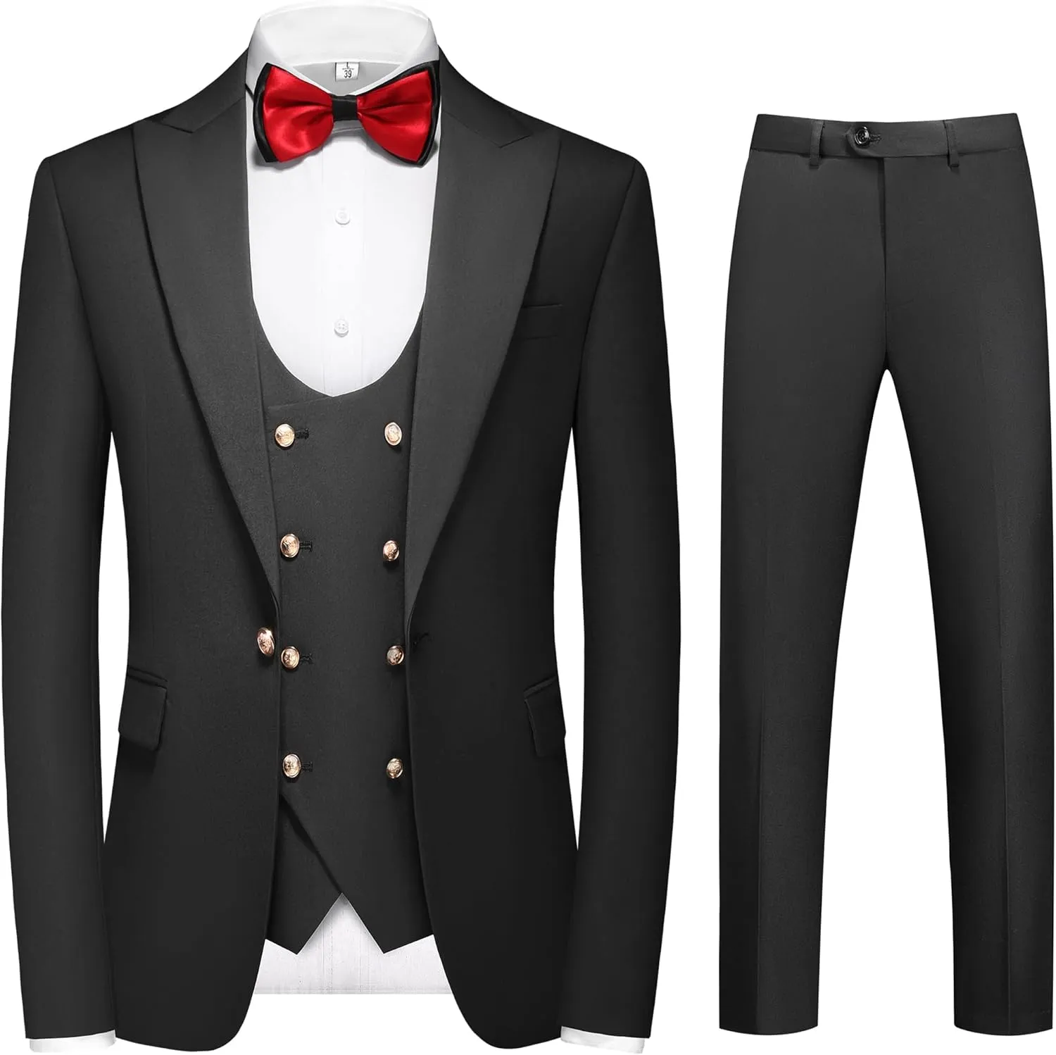 MOGU Mens Suits Gold Buttons 3 Piece Slim Fit Tuxedo Suit Set Blazer Vest Pants for Wedding Prom