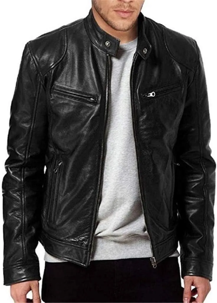 Motorcycle Leather Jacket for Men Quilted Cafe Racer Leather Jackets Lightweight Faux Leather Outwear