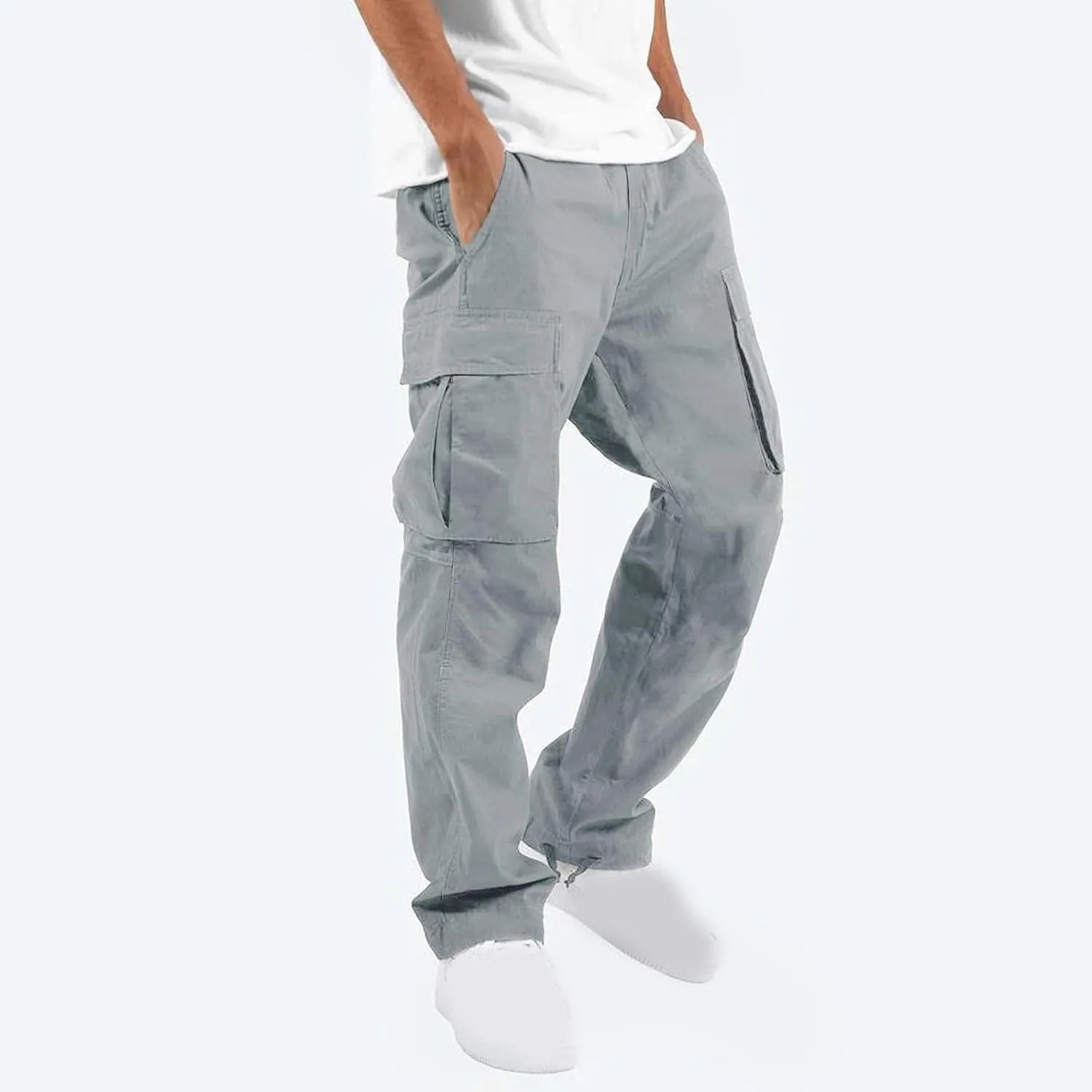 Muscularfit Cargo Pants for Men Big and Tall Elastic Waist Cotton Sweatpants Causal Solid Multi Pockets Joggers Athletic Pant