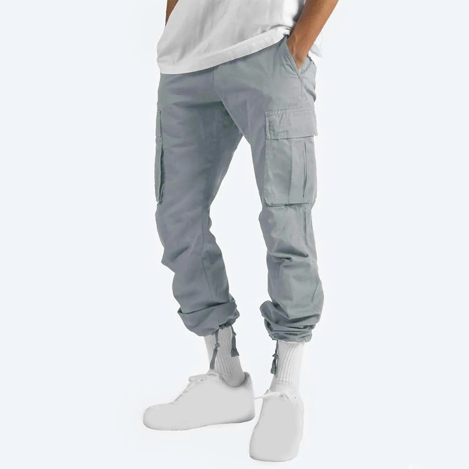 Muscularfit Cargo Pants for Men Big and Tall Elastic Waist Cotton Sweatpants Causal Solid Multi Pockets Joggers Athletic Pant