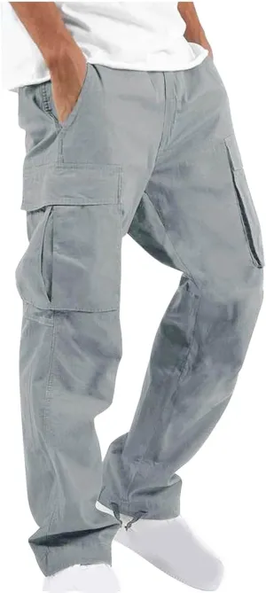 Muscularfit Cargo Pants for Men Big and Tall Elastic Waist Cotton Sweatpants Causal Solid Multi Pockets Joggers Athletic Pant