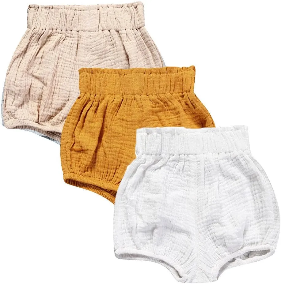 MYGBCPJS Baby Girls Boys 3 Pack Cotton Linen Blend Cute Bloomer Shorts Loose Harem Shorts