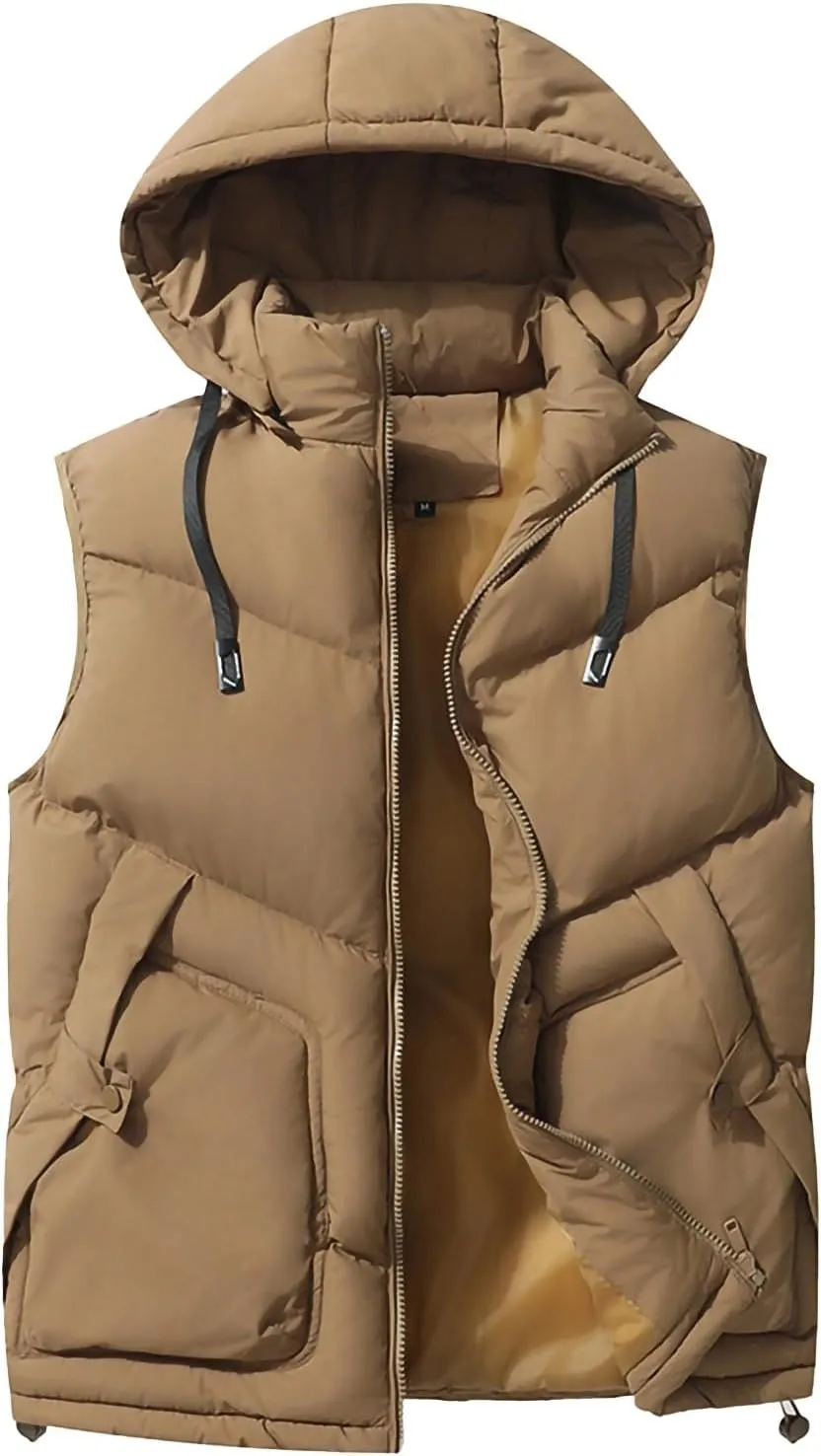 NATHGAM Men's Hooded Puffer Vest Zip Up Lightweight Quilted Gilet Sleeveless Down Jacket Winter Warm Cotton Padded Waistcoat