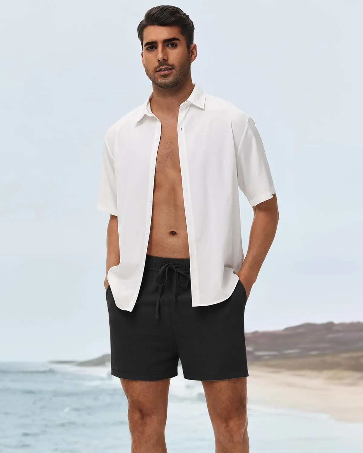 Neer 3 Pack Men's Linen Shorts Casual Cotton Lightweight Elastic Waist Drawstring Summer Shorts with Pockets