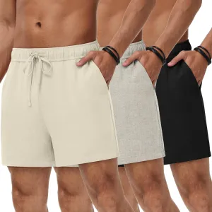 Neer 3 Pack Men's Linen Shorts Casual Cotton Lightweight Elastic Waist Drawstring Summer Shorts with Pockets