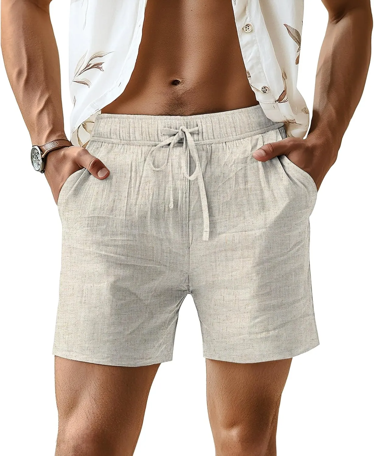 Neer 3 Pack Men's Linen Shorts Casual Cotton Lightweight Elastic Waist Drawstring Summer Shorts with Pockets