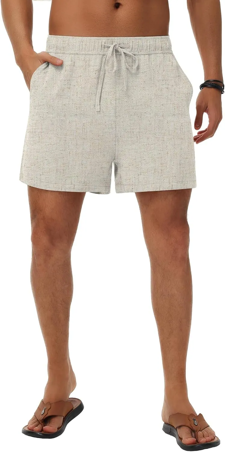 Neer 3 Pack Men's Linen Shorts Casual Cotton Lightweight Elastic Waist Drawstring Summer Shorts with Pockets