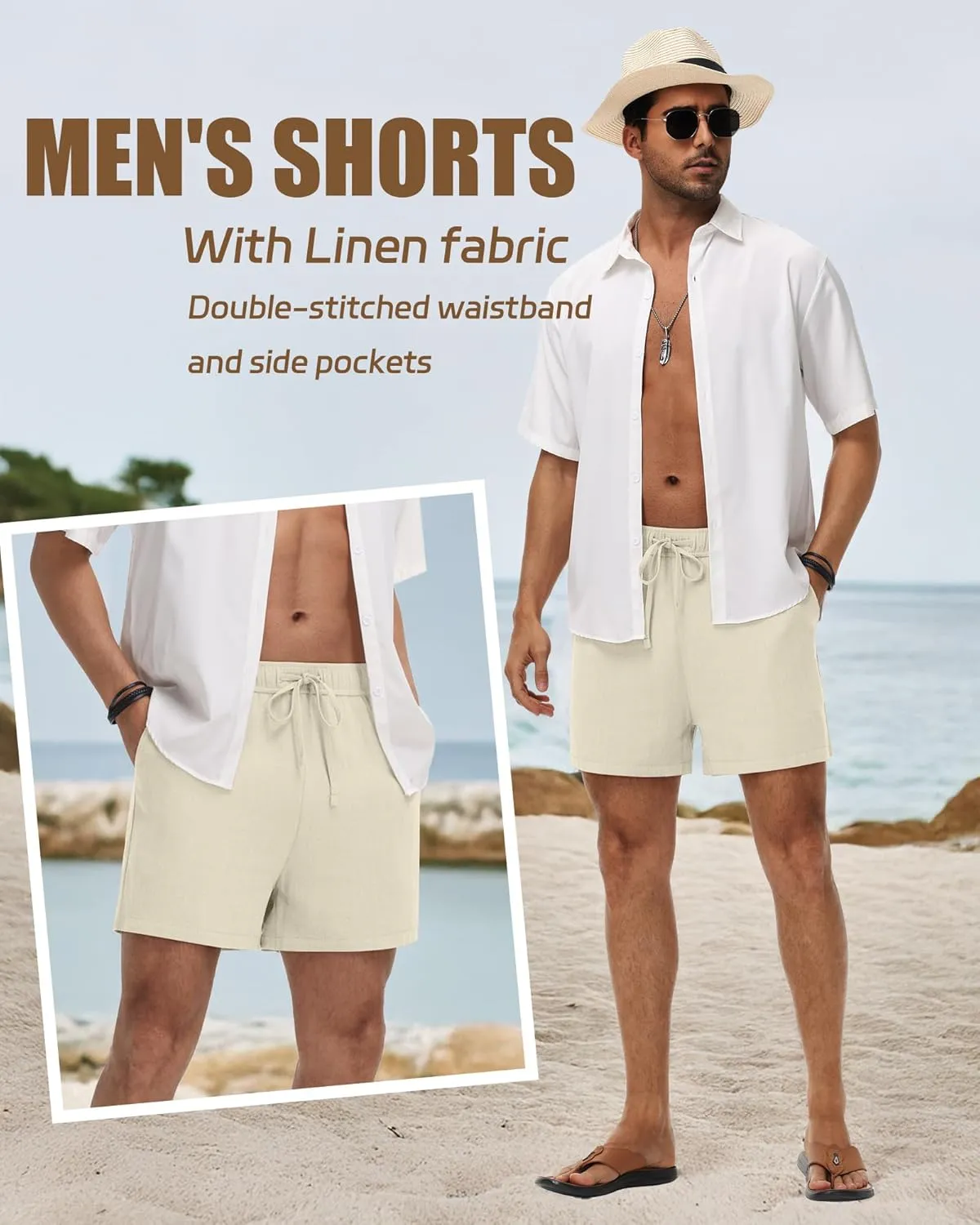Neer 3 Pack Men's Linen Shorts Casual Cotton Lightweight Elastic Waist Drawstring Summer Shorts with Pockets