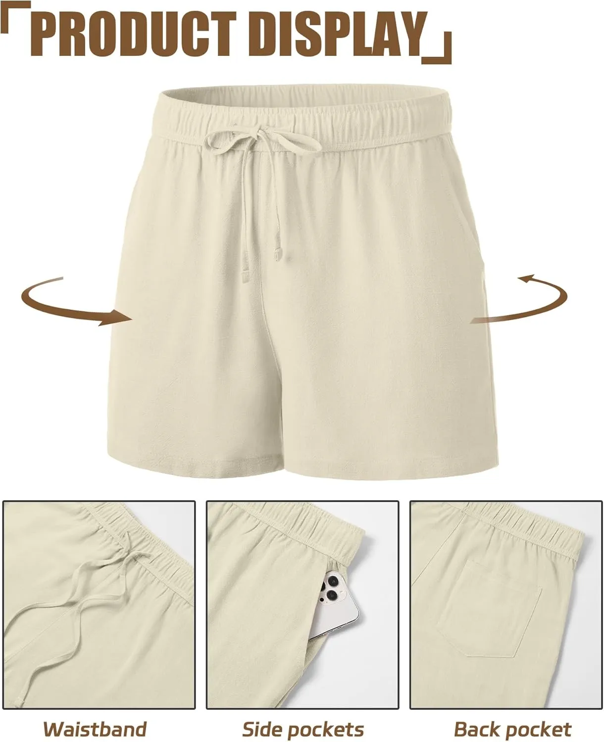 Neer 3 Pack Men's Linen Shorts Casual Cotton Lightweight Elastic Waist Drawstring Summer Shorts with Pockets