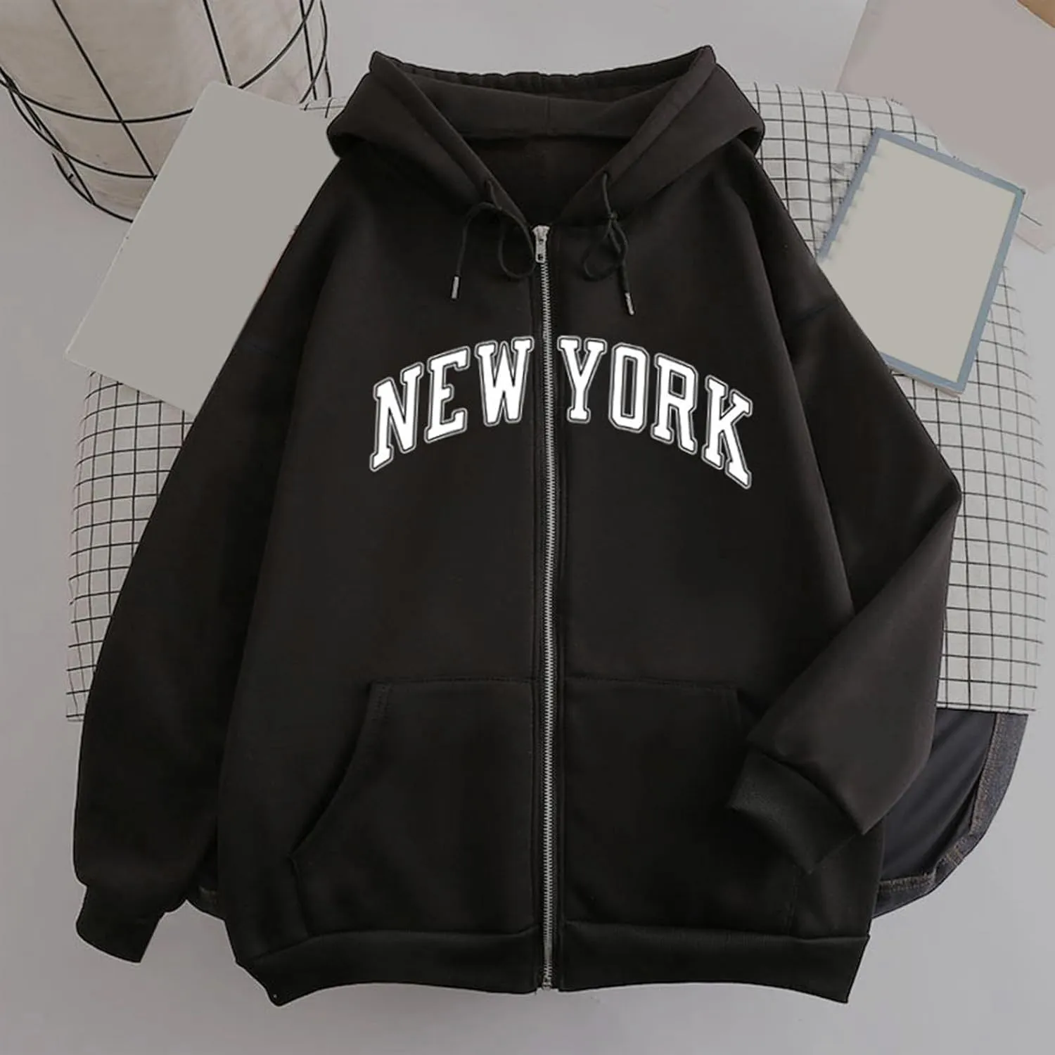 NEW YORK Letter Graphic Hoodies Sweatshirts for Women Zip Up Fall Drawstring Hoodie Jackets Y2K Clothes With Pockets