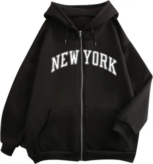 NEW YORK Letter Graphic Hoodies Sweatshirts for Women Zip Up Fall Drawstring Hoodie Jackets Y2K Clothes With Pockets