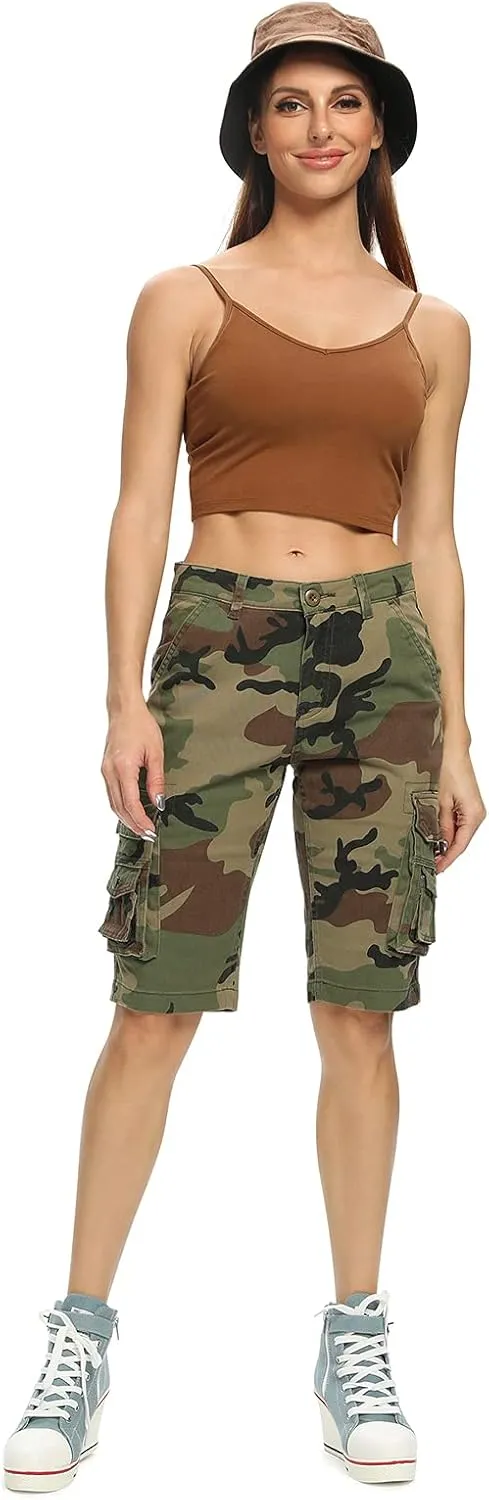 OCHENTA Women's Casual Multi-Pockets Bermuda Cargo Shorts Camo Knee Length Summer Hiking Shorts