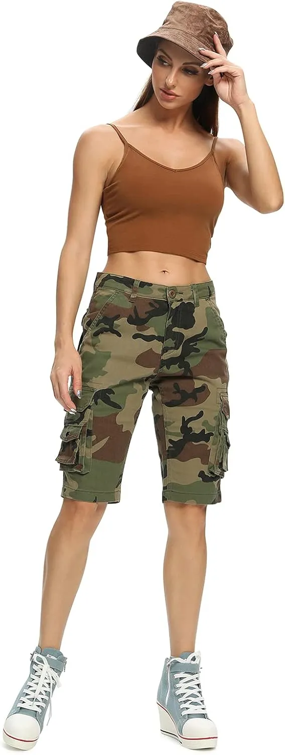 OCHENTA Women's Casual Multi-Pockets Bermuda Cargo Shorts Camo Knee Length Summer Hiking Shorts