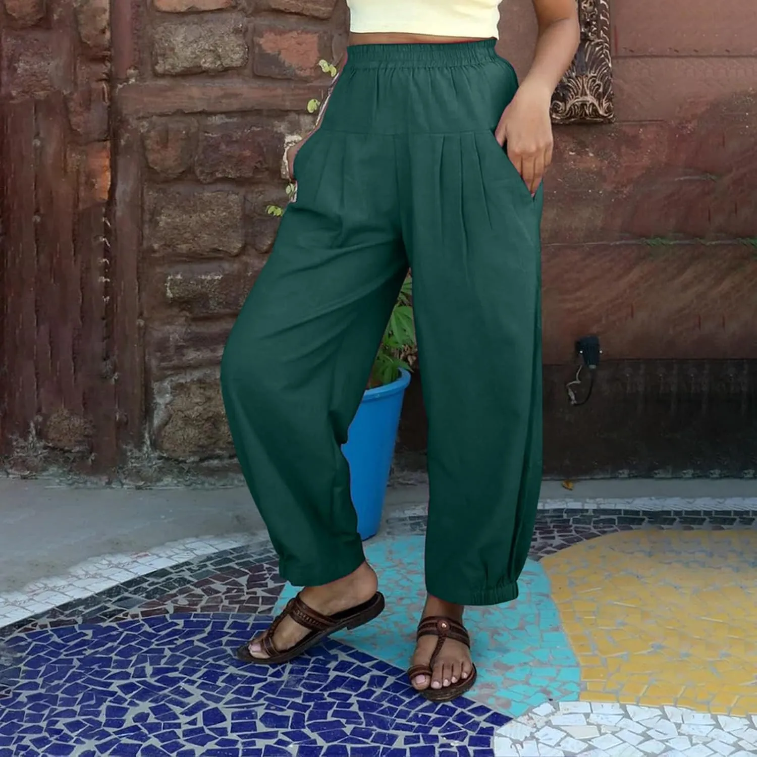 Oplxuo Cotton Linen Pants for Women Trendy Elastic Bottom Casual Comfy Baggy Harem Pants High Waist Summer Beach Trousers