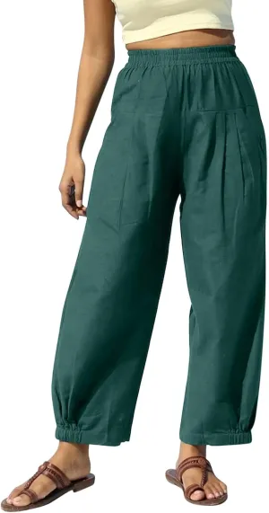 Oplxuo Cotton Linen Pants for Women Trendy Elastic Bottom Casual Comfy Baggy Harem Pants High Waist Summer Beach Trousers