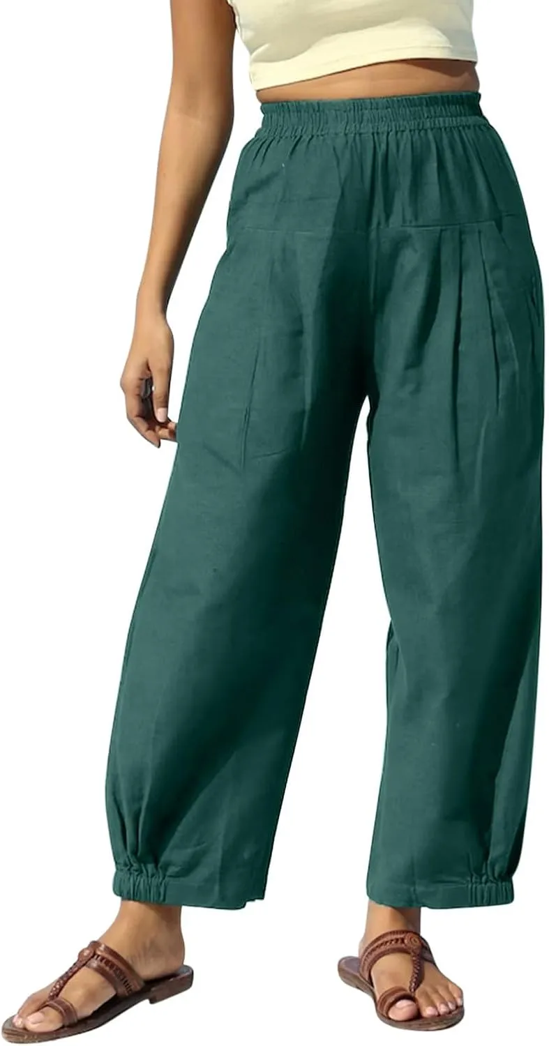 Oplxuo Cotton Linen Pants for Women Trendy Elastic Bottom Casual Comfy Baggy Harem Pants High Waist Summer Beach Trousers
