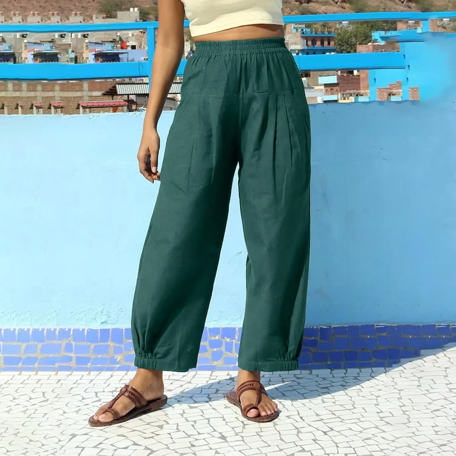 Oplxuo Cotton Linen Pants for Women Trendy Elastic Bottom Casual Comfy Baggy Harem Pants High Waist Summer Beach Trousers