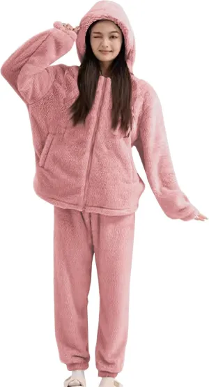 Oplxuo Women's Fuzzy Pajamas Sets 2 Piece Fleece Oversized Zip Up Hoodie and Pants Loose Loungewear Sleepwear with Pockets