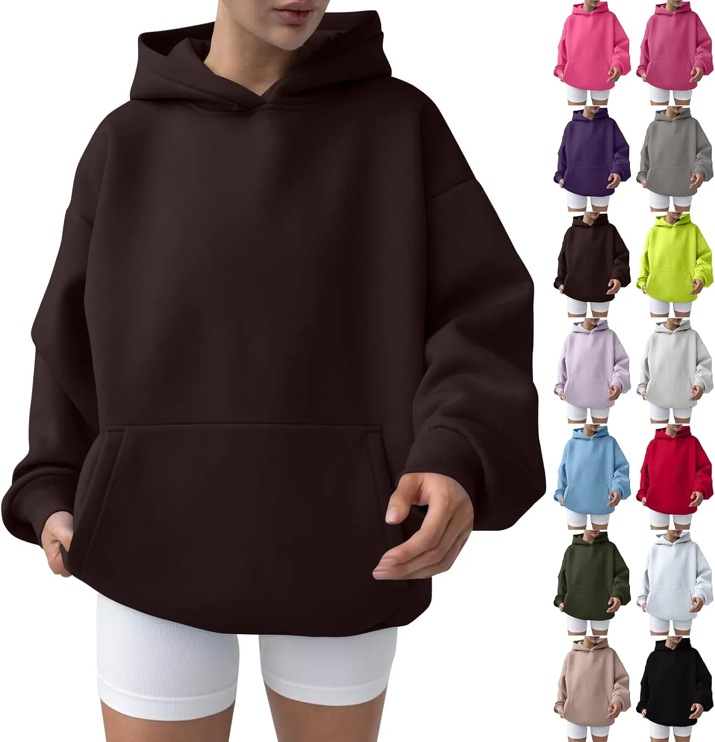 Oversized Hoodie Women Lantern Sleeve Fleece Lined Crewneck Sweatshirt Loose Fit Drop Shoulder Hooded Pullover