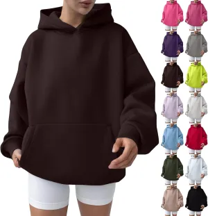 Oversized Hoodie Women Lantern Sleeve Fleece Lined Crewneck Sweatshirt Loose Fit Drop Shoulder Hooded Pullover