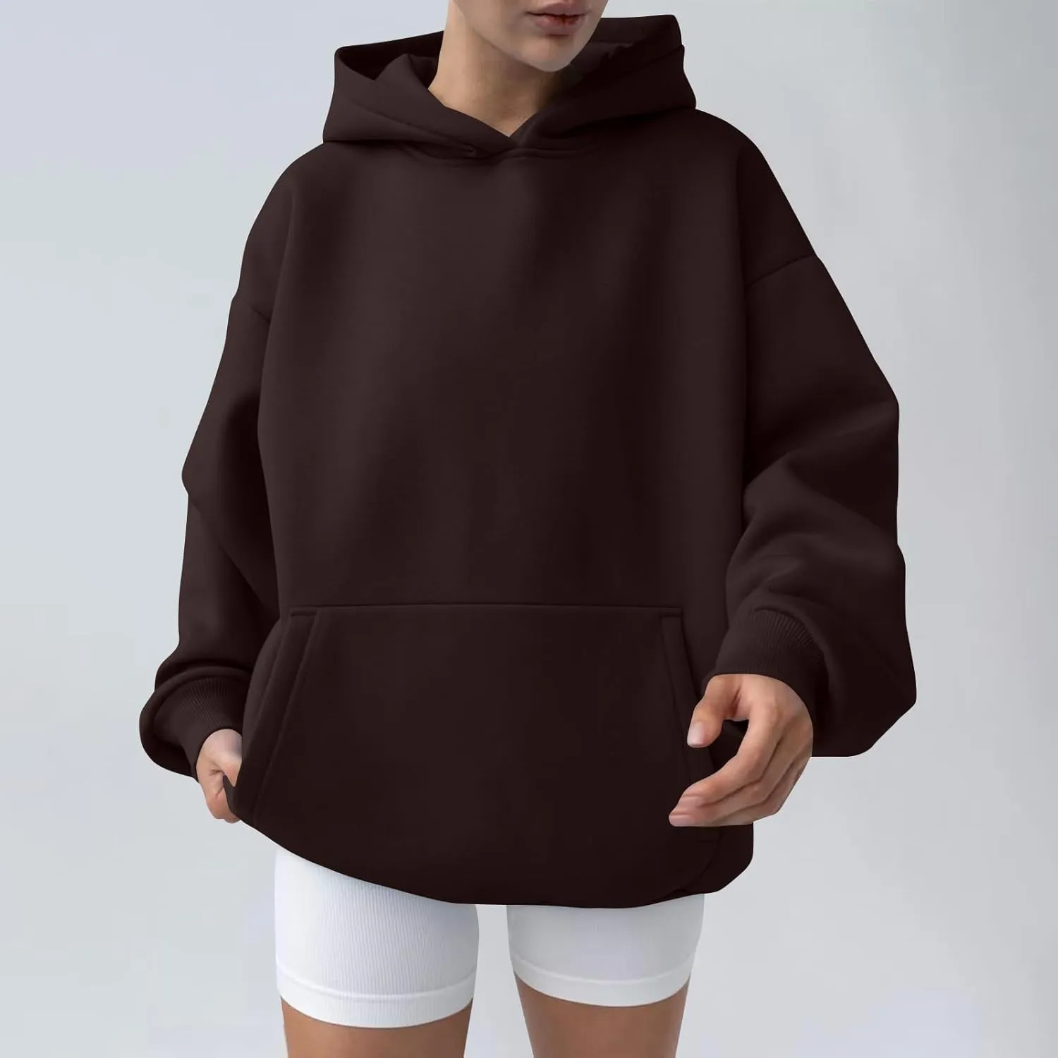 Oversized Hoodie Women Lantern Sleeve Fleece Lined Crewneck Sweatshirt Loose Fit Drop Shoulder Hooded Pullover