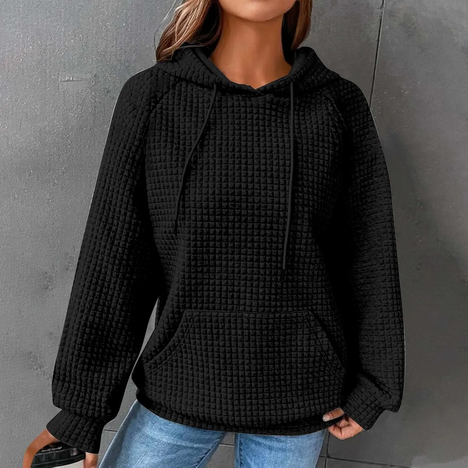 Oversized Waffle Knit Hoodie Sweatshirts for Women Causal Fall Fashion Clothes Solid Drawstring Pullover Hoodies