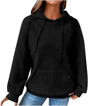 Oversized Waffle Knit Hoodie Sweatshirts for Women Causal Fall Fashion Clothes Solid Drawstring Pullover Hoodies