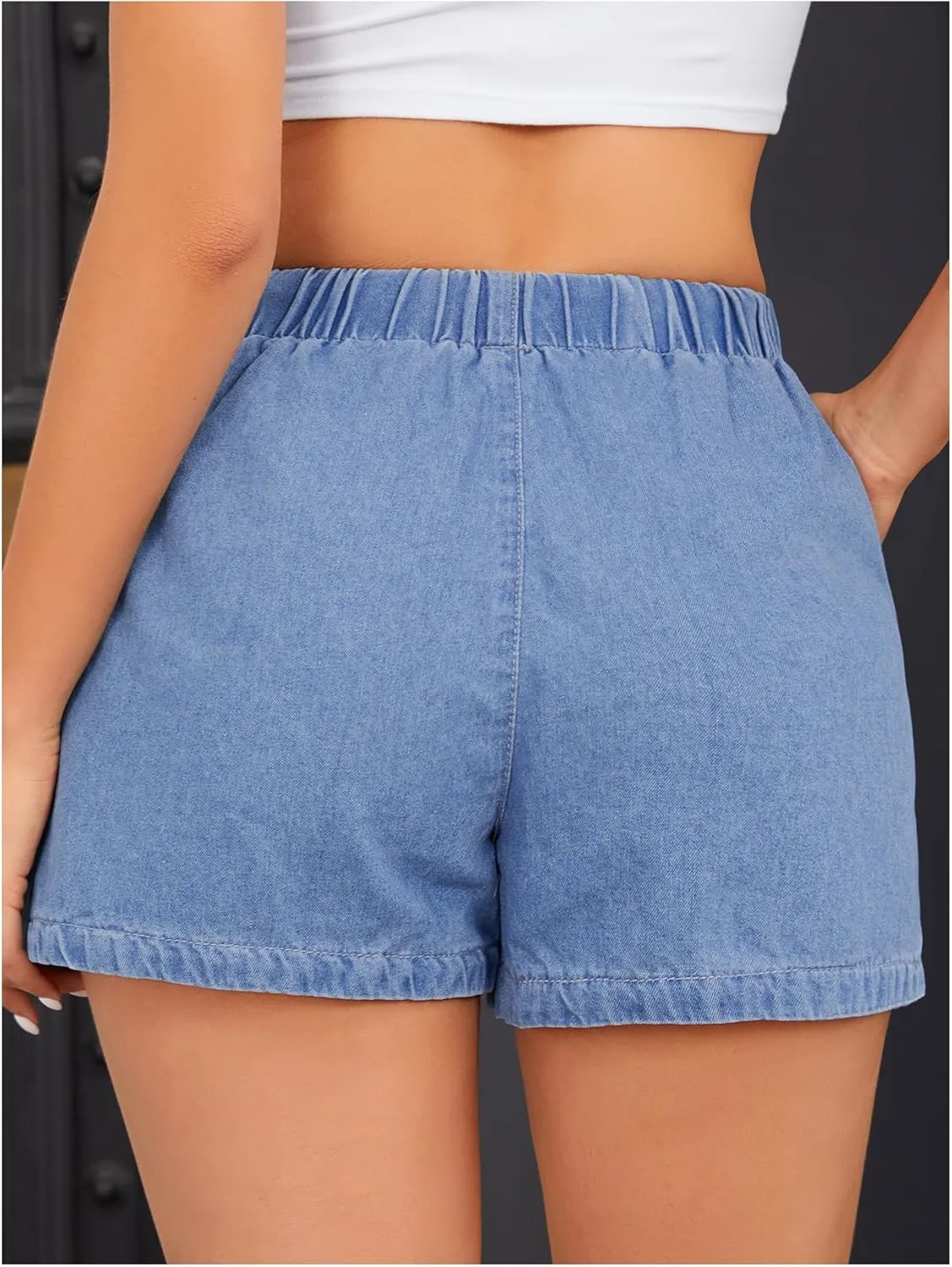 OYOANGLE Women's Elastic Waist Tie Front Straight Leg Denim Shorts Casual Jean Shorts with Pocket